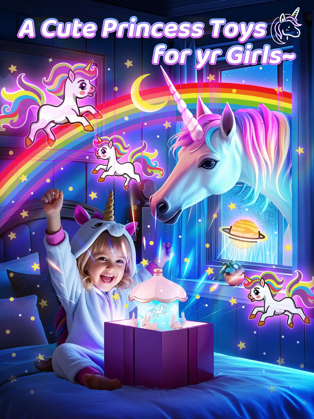 One Fire pink princess projector rotates 360 degrees for immersive light.