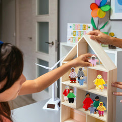 ONEST wooden dollhouse family in soft clothes for cozy play