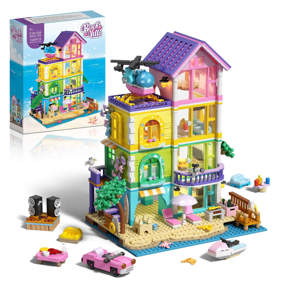 ONIMISC Beach House Building Set with lighting detail for cozy play scenes.