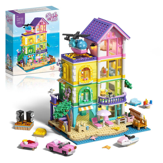 ONIMISC Beach House Building Set with lighting detail for cozy play scenes.