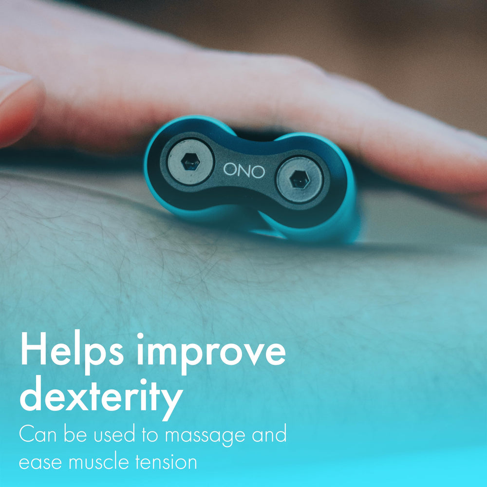 Teal ONO Roller in use helps minimize nail-biting and phone checking.
