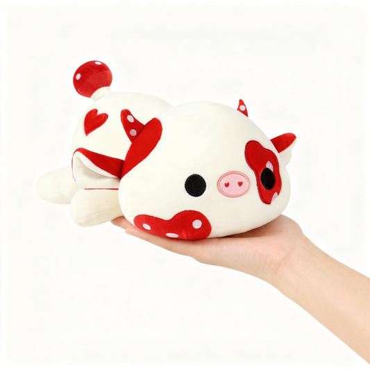 Onsoyours 9-inch cow plush with mushroom motif shows ultra-soft fabric texture.