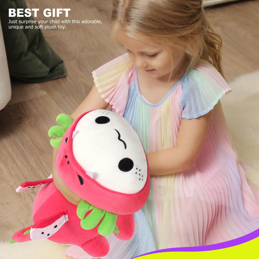 Onsoyours axolotl dragon fruit plush in bedroom setup, cozy decor and comfort