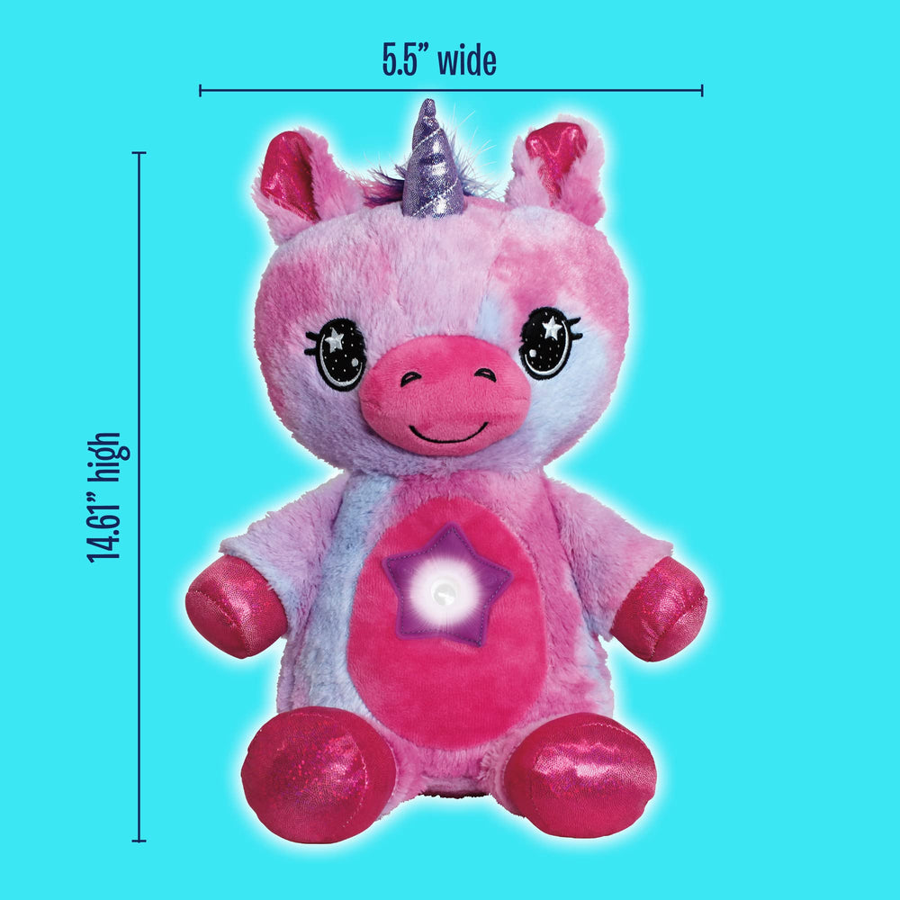 Dream Lites unicorn plush glows softly as a comforting night companion.