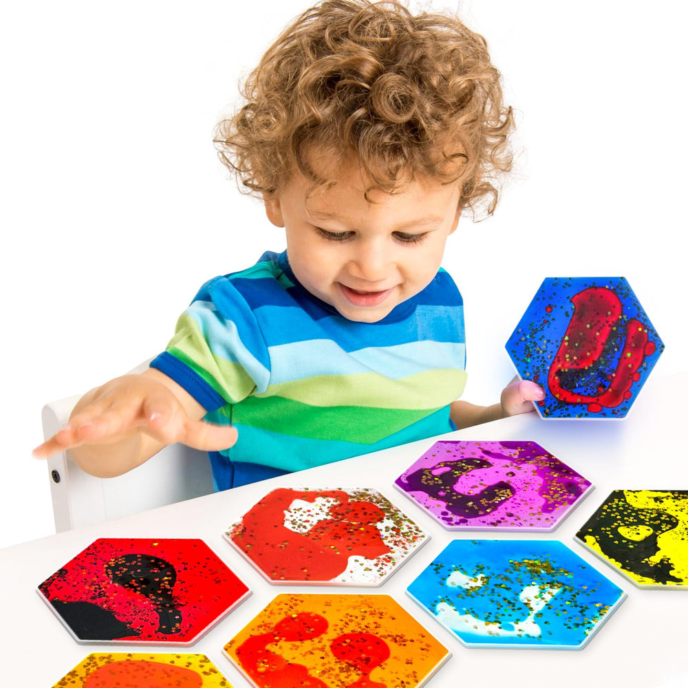 Onyoloy hexagonal gel toy enhances fine motor skills through squeezing and pinching.