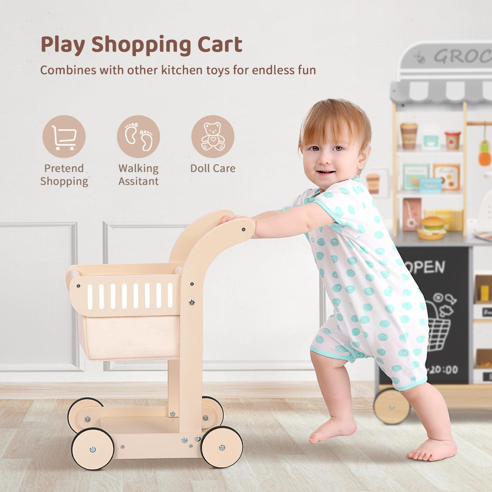 OOOK Kids shopping cart wooden design boosts imaginative play.