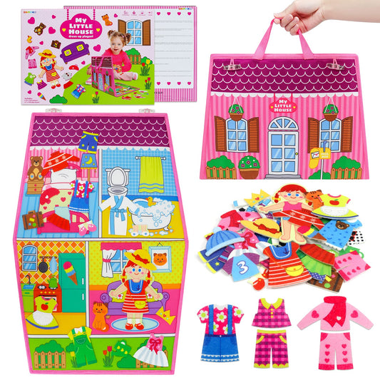 OKOOKO dress up house felt board front view with colorful outfits for storytelling.