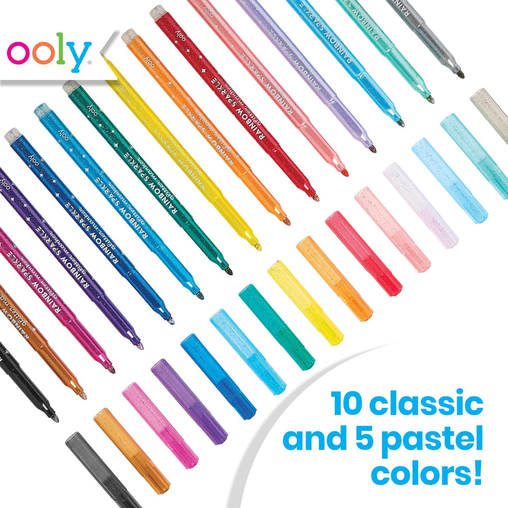 Ooly Rainbow Sparkle markers color swatches showing classic and pastel shades for versatile crafts.