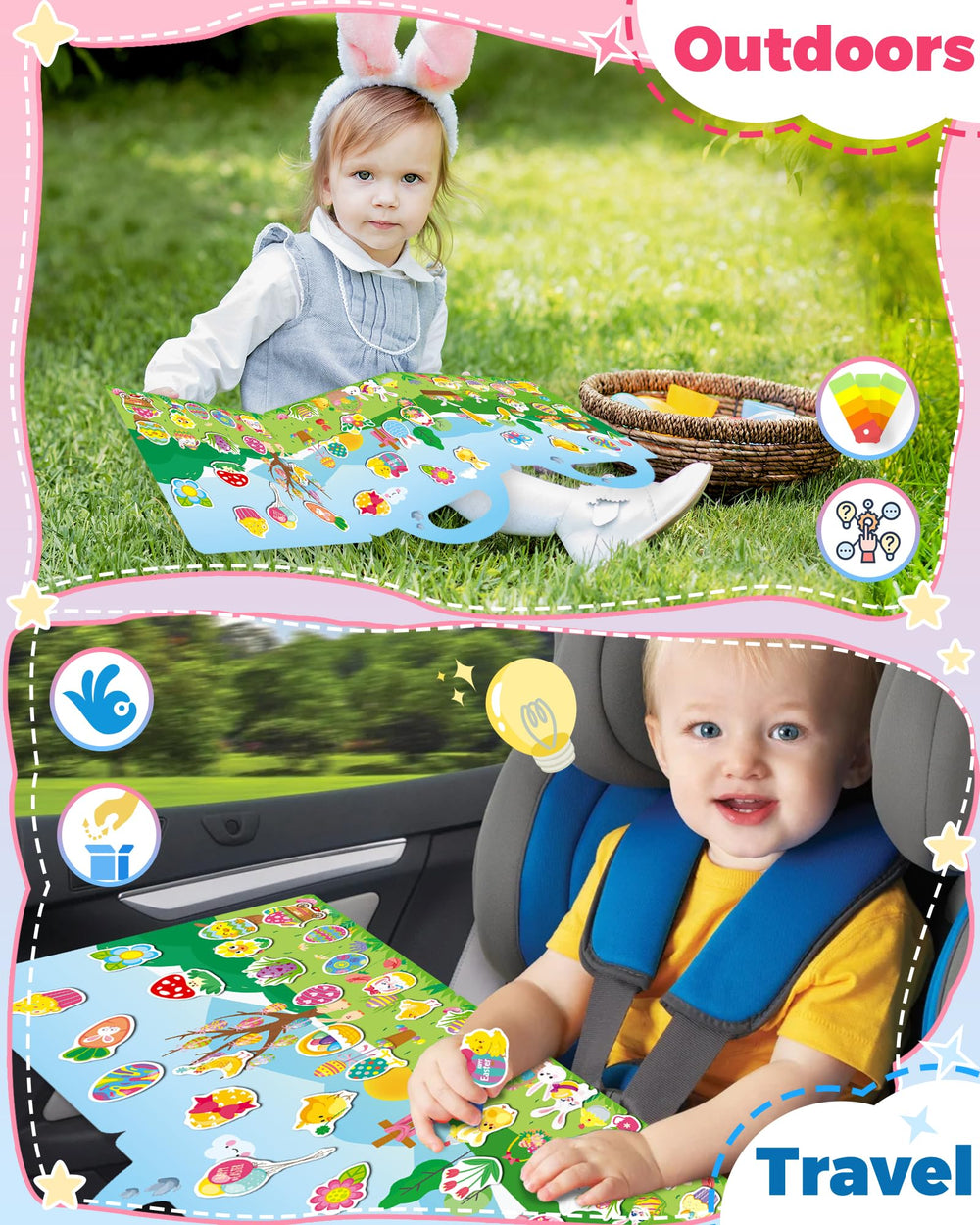 Oomloid Easter sticker book child using stickers for imaginative play and fine motor skills