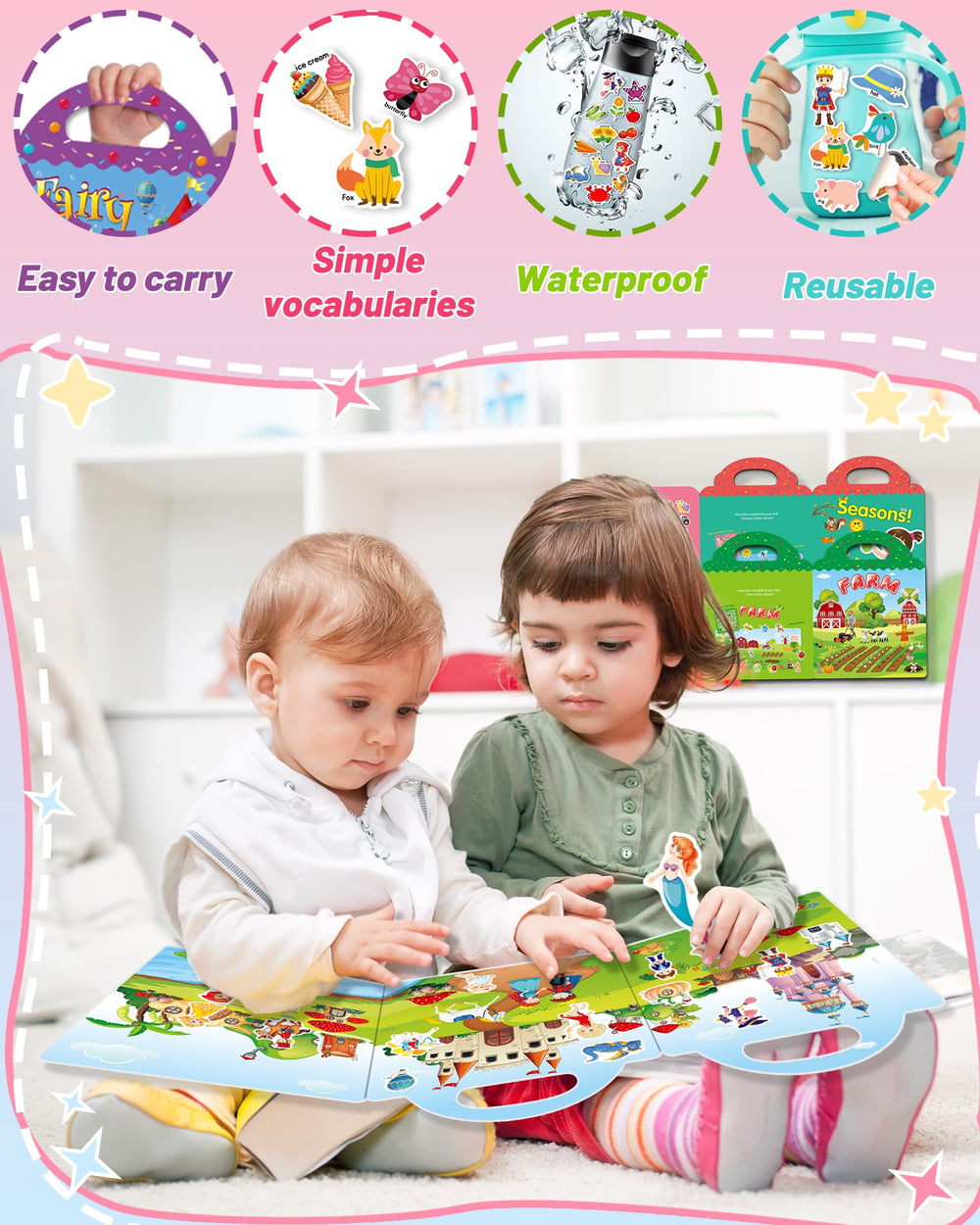 Oomloid reusable stickers endure peeling for repeated, mess-free play.