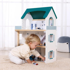OOOK wooden dollhouse kitchen scene with opening cabinets for realistic pretend use.