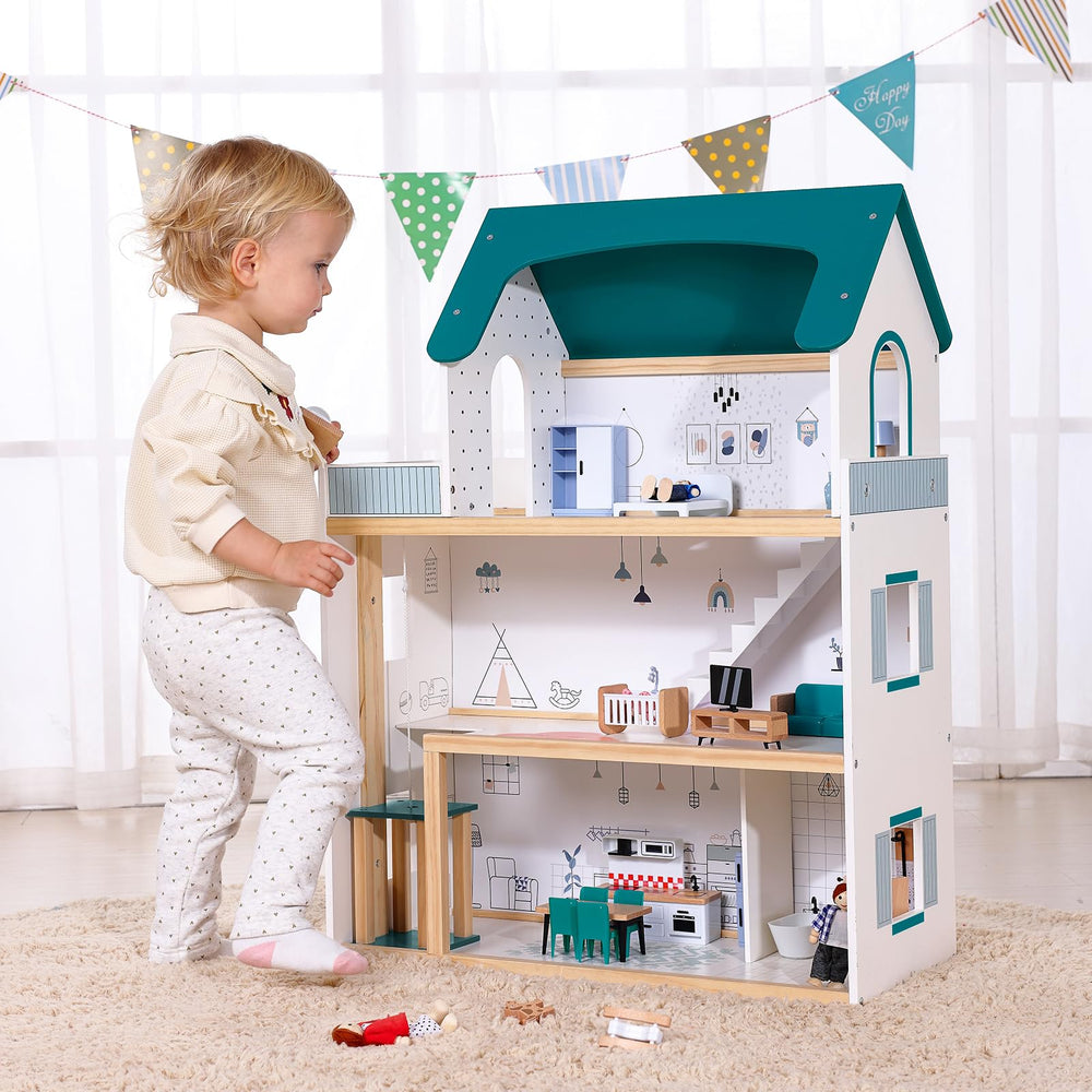 OOOK wooden dollhouse living room with interactive furniture for storytelling.