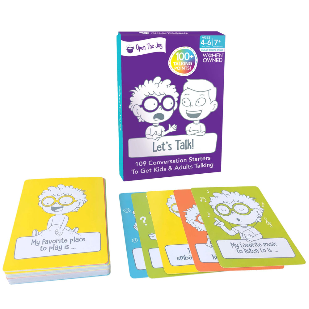 Open The Joy kids cover of conversation cards with bright art to boost social skills.