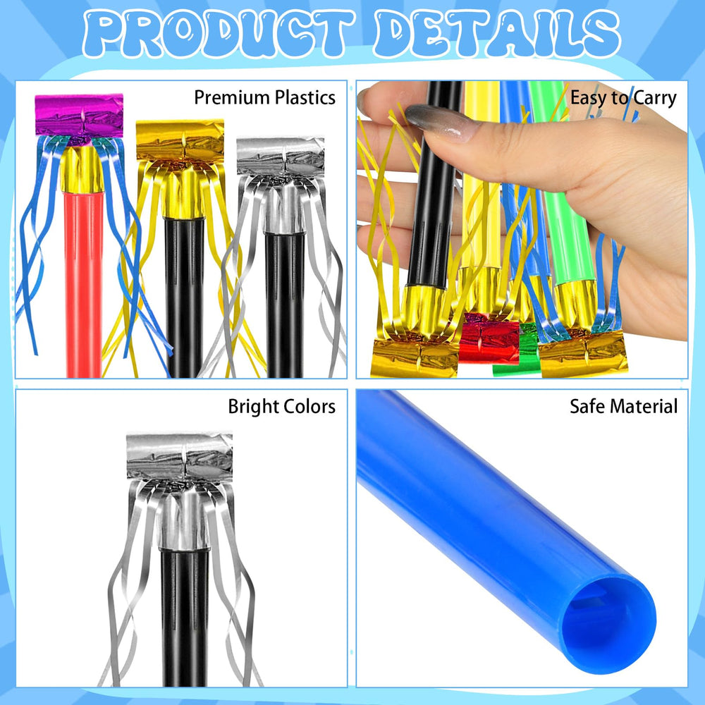 Openfly colorful plastic blowouts withstand party wear and tear.