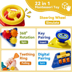 Oppvoci Busy Board steering wheel supports hand-eye coordination during activities.
