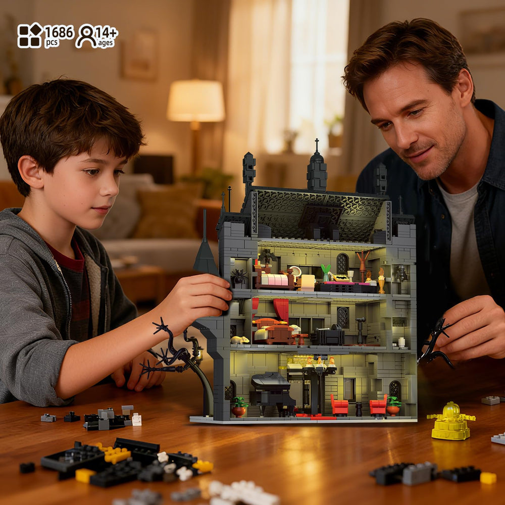 OQMI Haunted House side view highlights detailed arches ideal for tabletop display.
