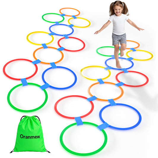Oranmew Hopscotch Rings 11-inch setup for versatile indoor and outdoor play boosts coordination.