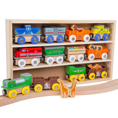 Orbrium wooden train set display frame for organized play.