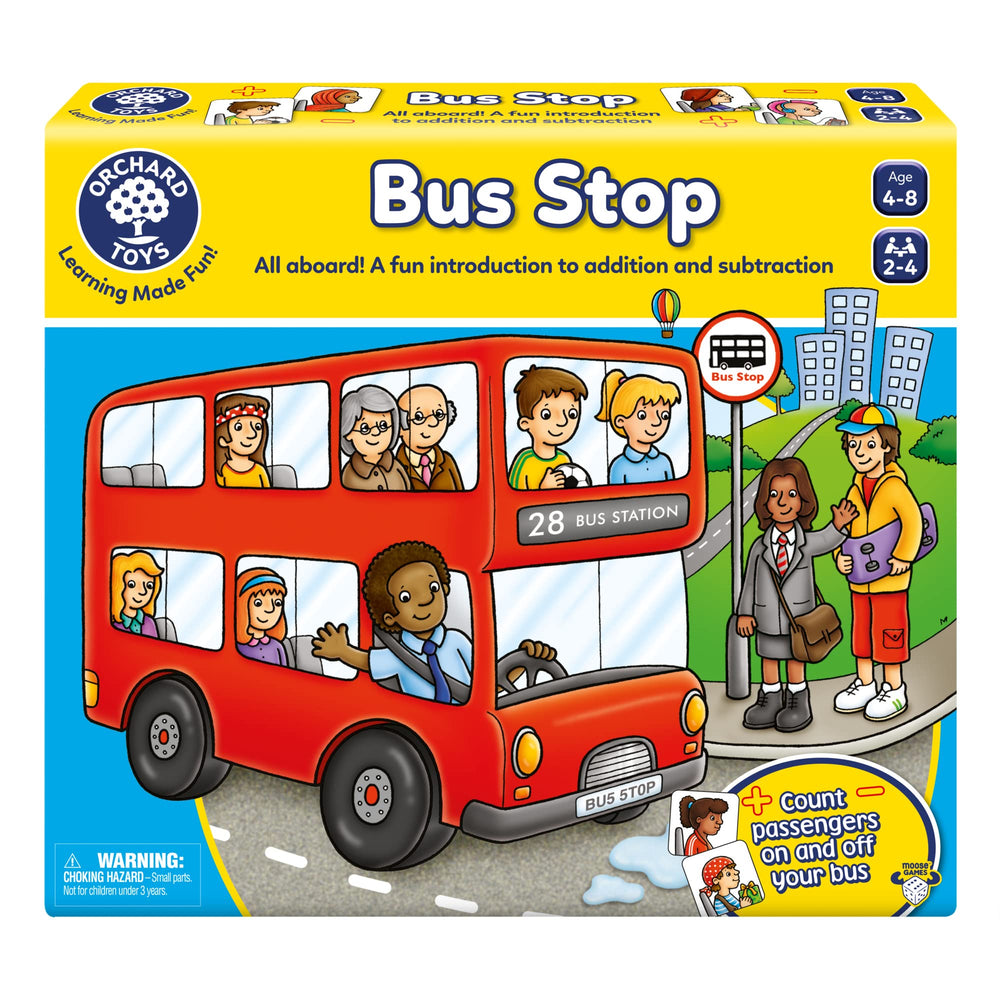Orchard Toys Moose Bus Stop board with colorful passengers supports early counting practice.