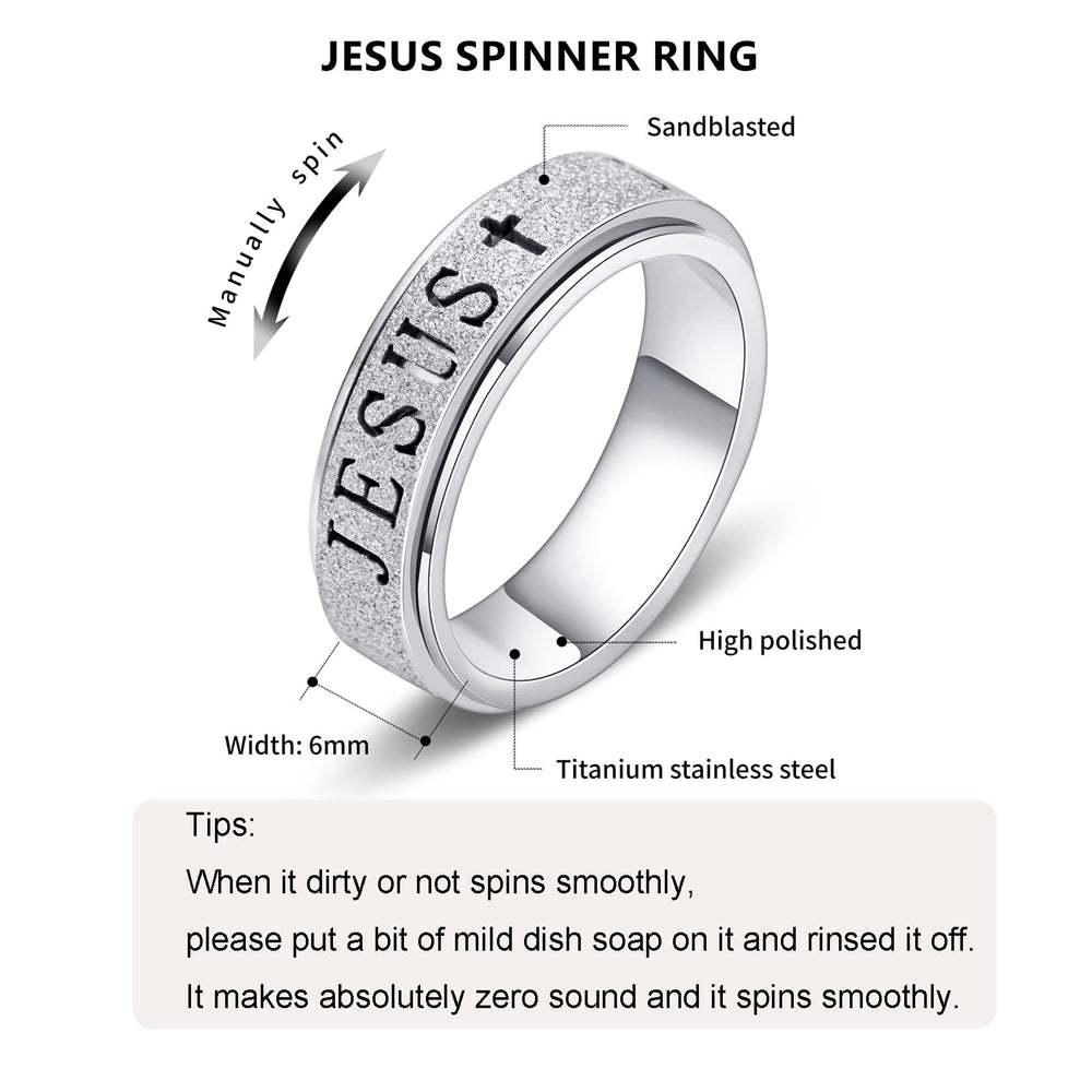 OreilleStar Jesus spinner ring silver on finger, stylish design and calming distraction.