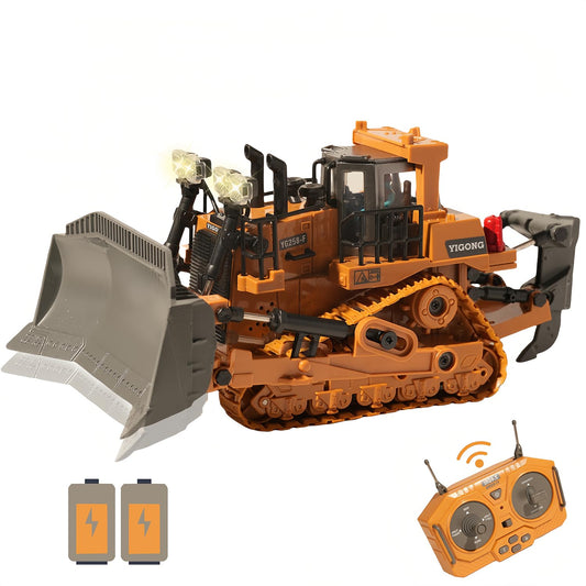 OrgaNatureQueen 9-Channel RC Bulldozer front view with lights for immersive play.