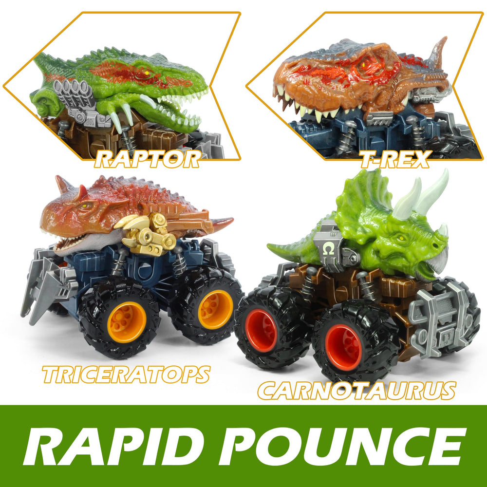 Oriate Carnotaurus dinosaur truck in red sparks energetic dino races.
