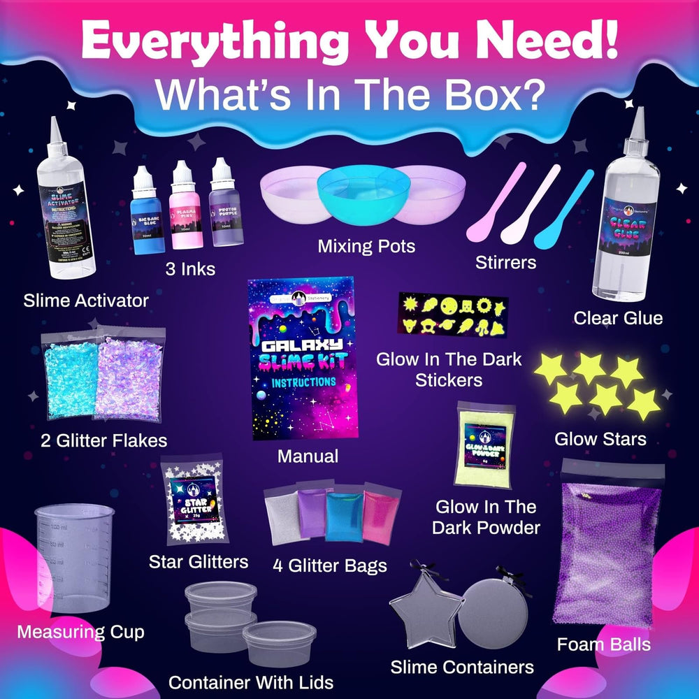 Original Stationery Galaxy Slime Kit blue slime sparks colorful crafting fun.