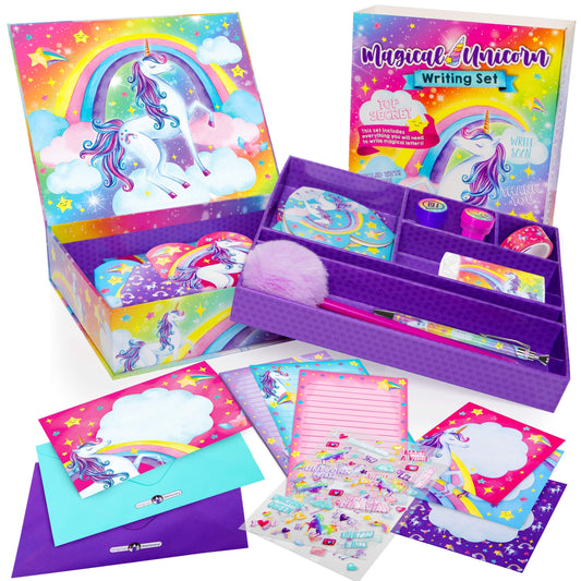Original Stationery Unicorn kit with purple storage box, ideal for organized creative writing.