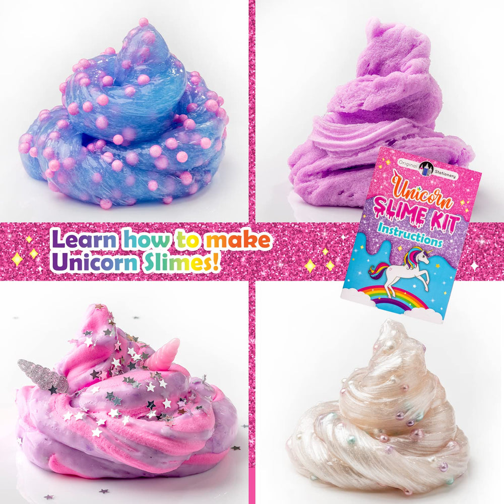 Original Stationery unicorn slime kit contents showcasing 25+ add-ins for creative customization
