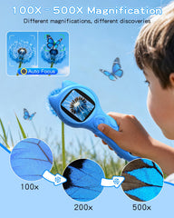 Oripira Kids Microscope blue LED lights brighten tiny subjects.