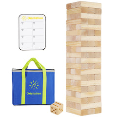 Orizliztion Tumbling Tower with 60 blocks assembled for a backyard stacking challenge.