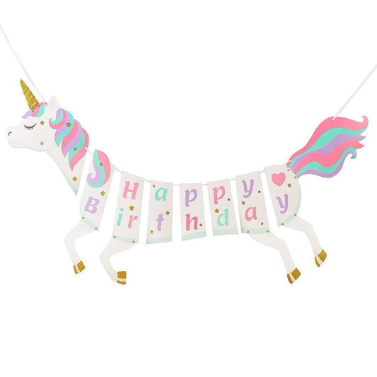 Ornaous unicorn happy birthday banner, bright unicorn design for a joyful party backdrop