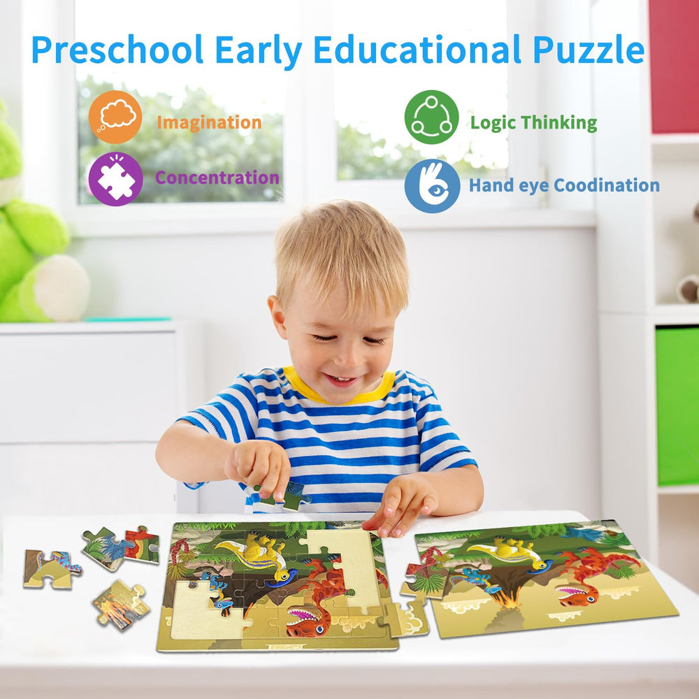 OSBOO kid assembling dinosaur puzzle enhances hand-eye coordination and focus.