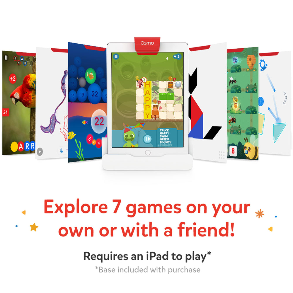 Osmo Math Buzz gameplay visuals showing 20+ levels of equations.