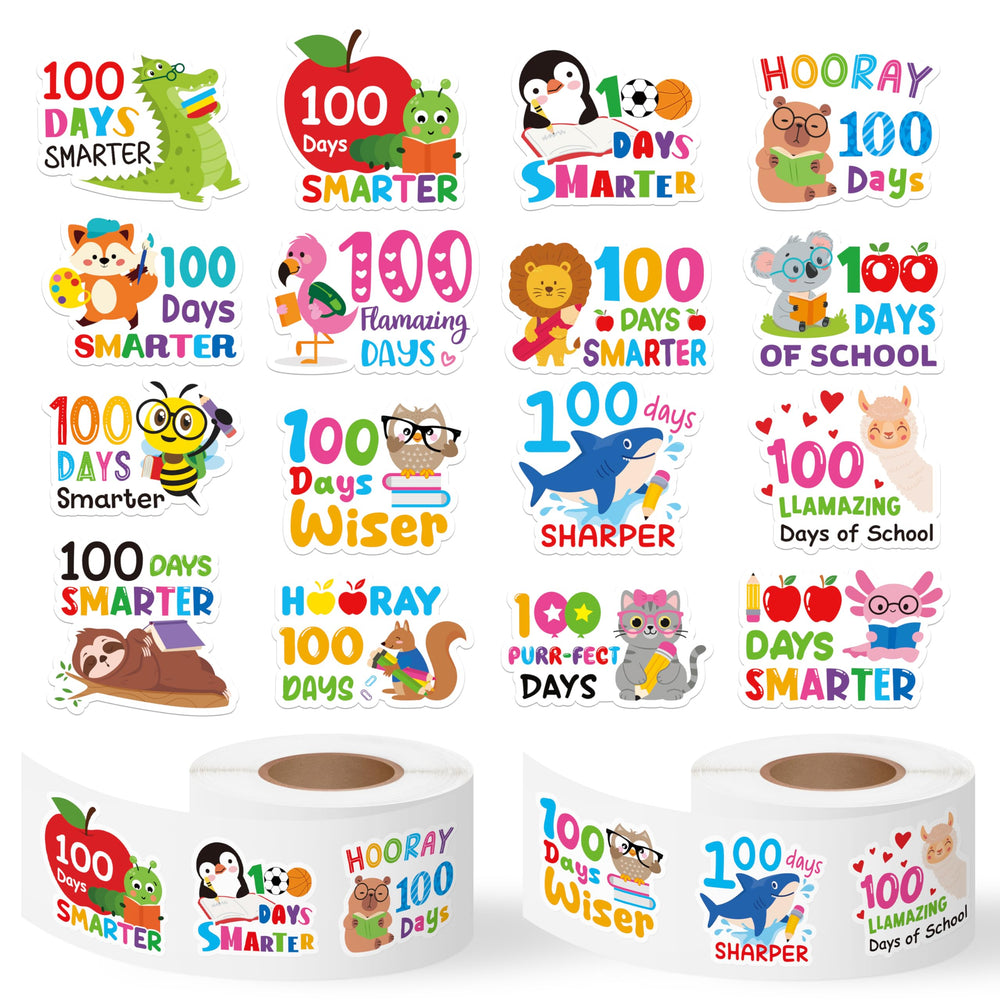 OSNIE 100 Days stickers roll with colorful animals for classroom celebration and motivation.