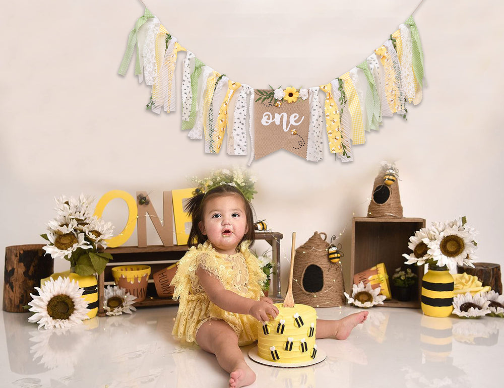 OTURGC Bee Theme Banner cake smash backdrop for memories.