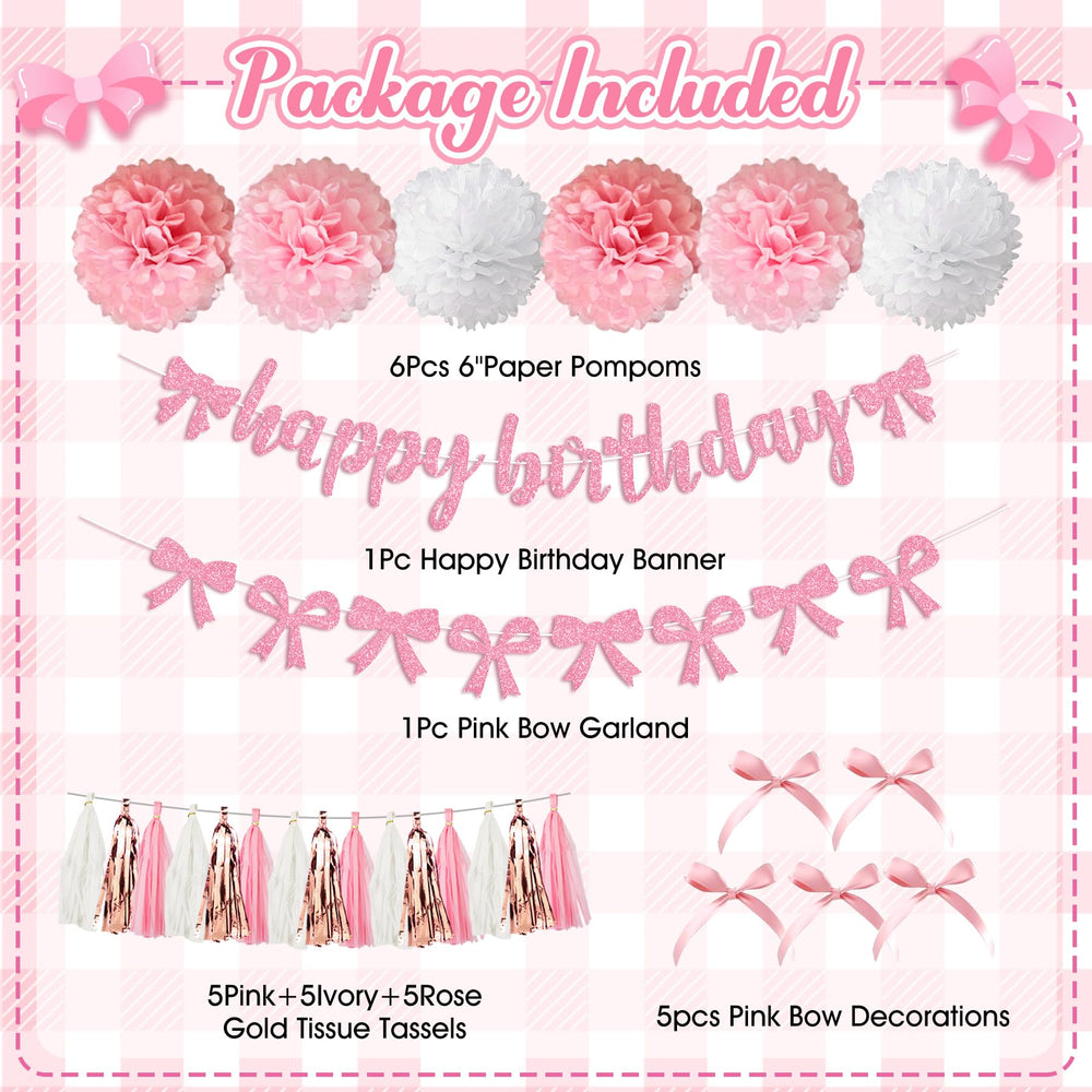 Ouddy Party pink bow garland enhances the backdrop with delicate pink charm