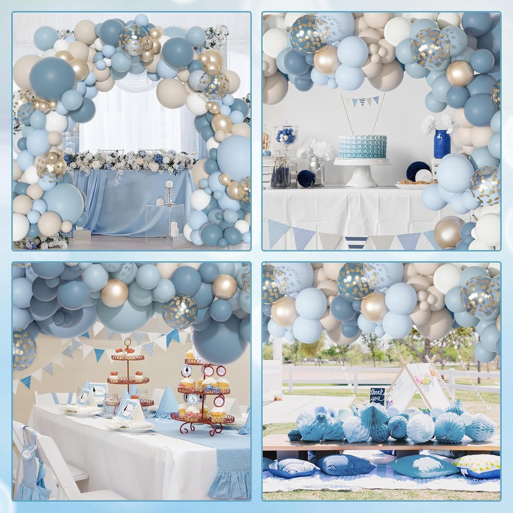 Ouddy Party baby shower setup in dusty blue tones with white accents