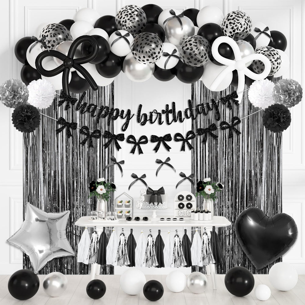Ouddy Party black bow banner for stylish birthday celebration and photo-worthy backdrop.