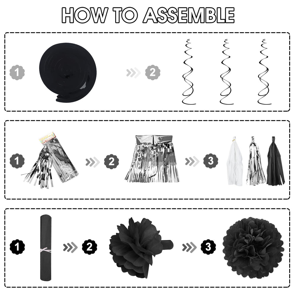Ouddy Party black pompoms provide playful texture and festive accents for any setup.