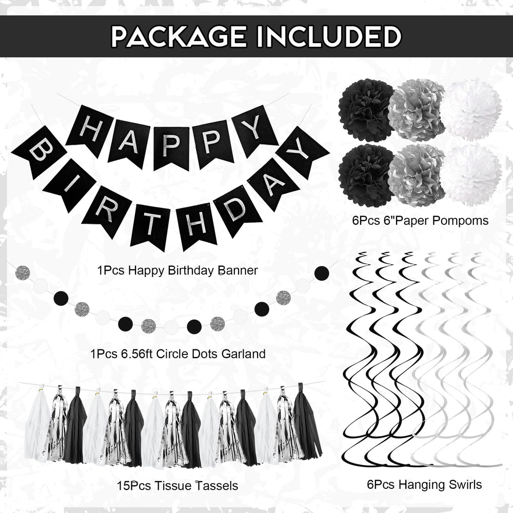 Ouddy Party black and silver banner highlights birthday wishes with bold contrast.