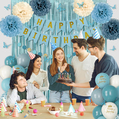 Ouddy Party circle dots garland ties the room together with blue accents