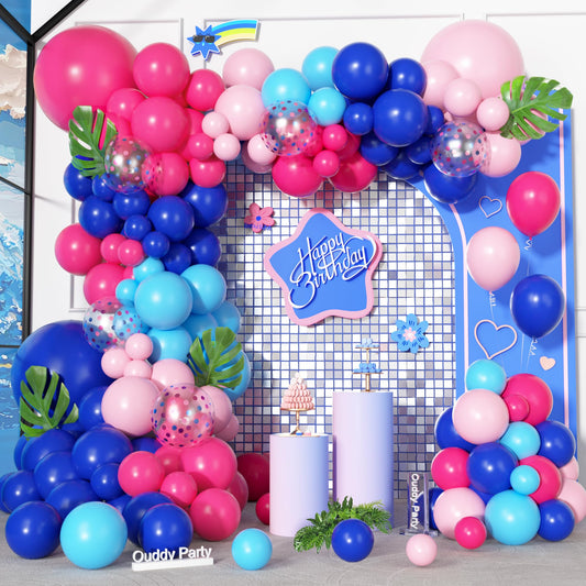 Ouddy Party blue-pink balloon arch kit backdrop for celebrations.