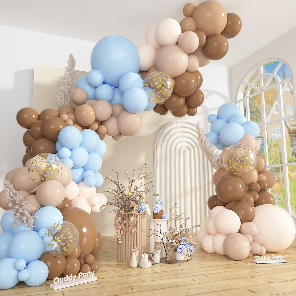 Ouddy Party brown coffee blue balloon arch kit displayed for a stylish baby shower backdrop