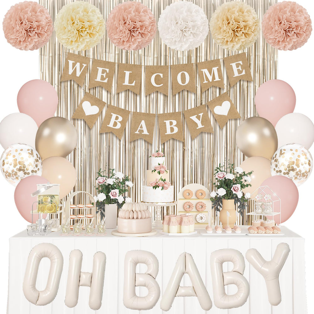 Ouddy Party champagne gold fringe curtain adds a luxe backdrop for baby showers.