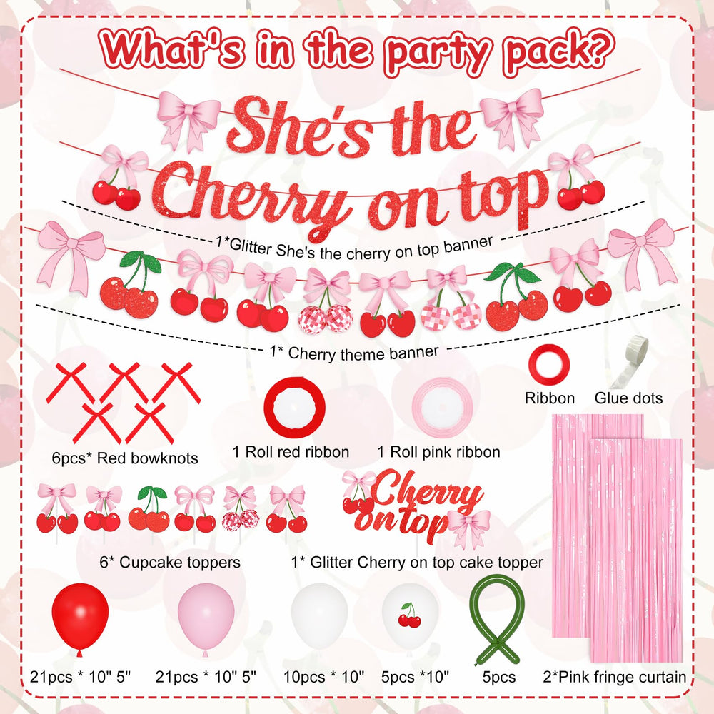 Ouddy Party cherry and bow banner enhances cherry-themed party focal point.