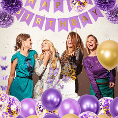 Ouddy Party gold and purple happy birthday banner creates a celebratory focal point.
