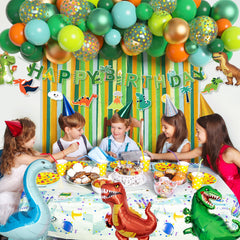Ouddy Party green dinosaur foil balloon complements the safari color palette