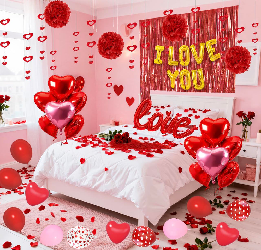 Ouddy Party I Love You banner used as romantic Valentine’s backdrop