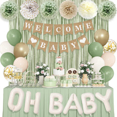 Ouddy Party sage-green balloons create a chic baby shower backdrop.